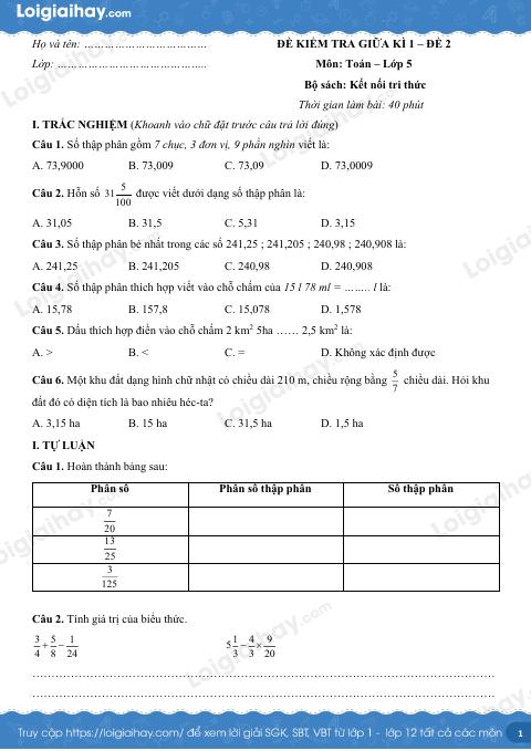 Đề kiểm tra giữa học kì 1 Toán 5 Kết nối tri thức - Đề số 2
